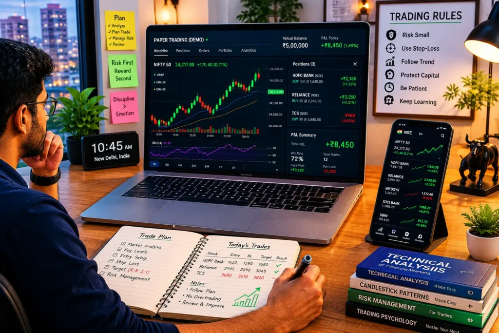 Indian beginner practicing paper trading on a stock market demo platform